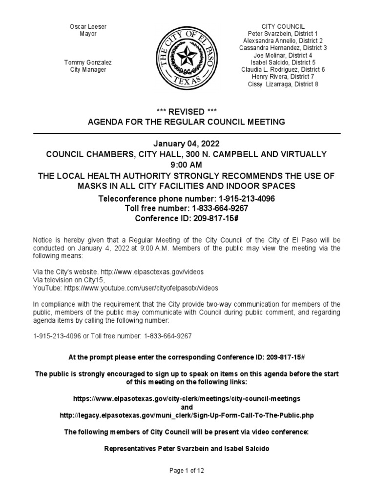 City Council Agenda For Jan. 4. | PDF | Land Lot | Texas