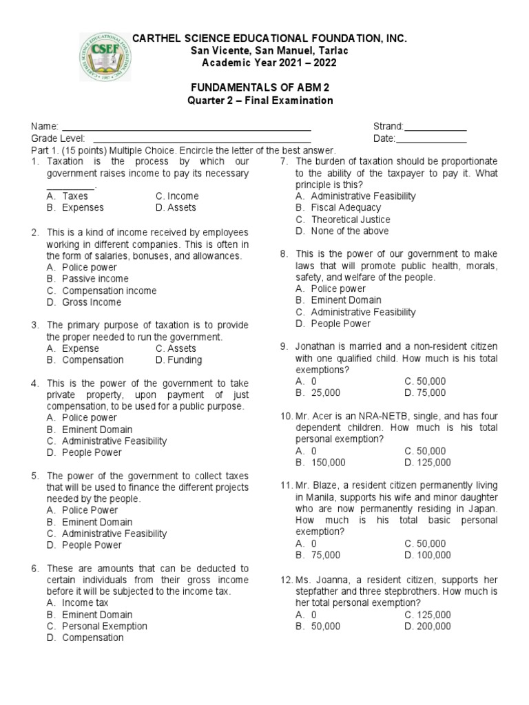 CARTHEL SCIENCE EDUCATIONAL FOUNDATION FUNDAMENTALS OF ABM 2 EXAM PDF
