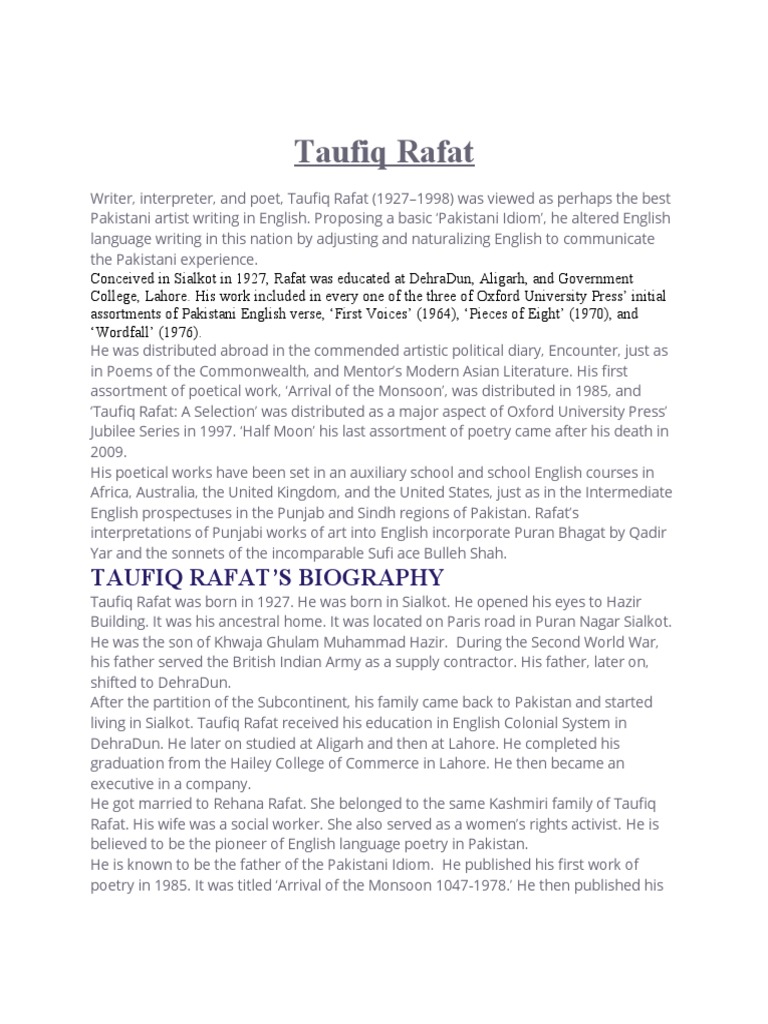 Taufiq Rafat: Pioneer of Pakistani Poetry | PDF | Pakistan | Sectarianism