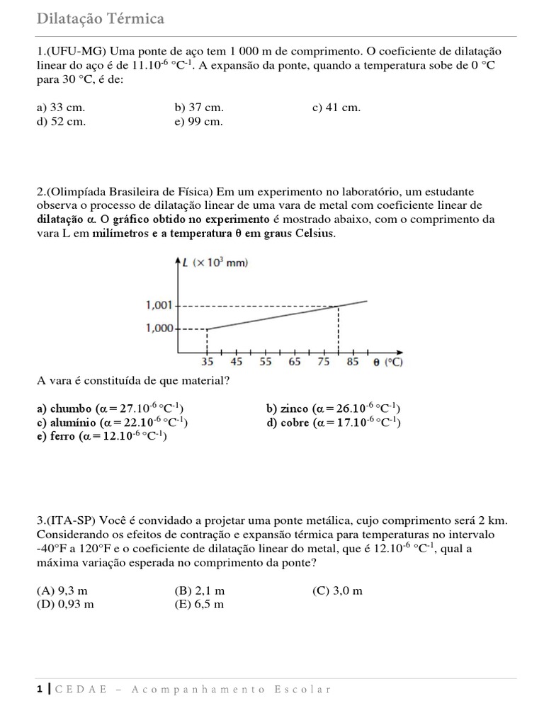 Exercícios - Dilatação Térmica | PDF | Expansão térmica | Química