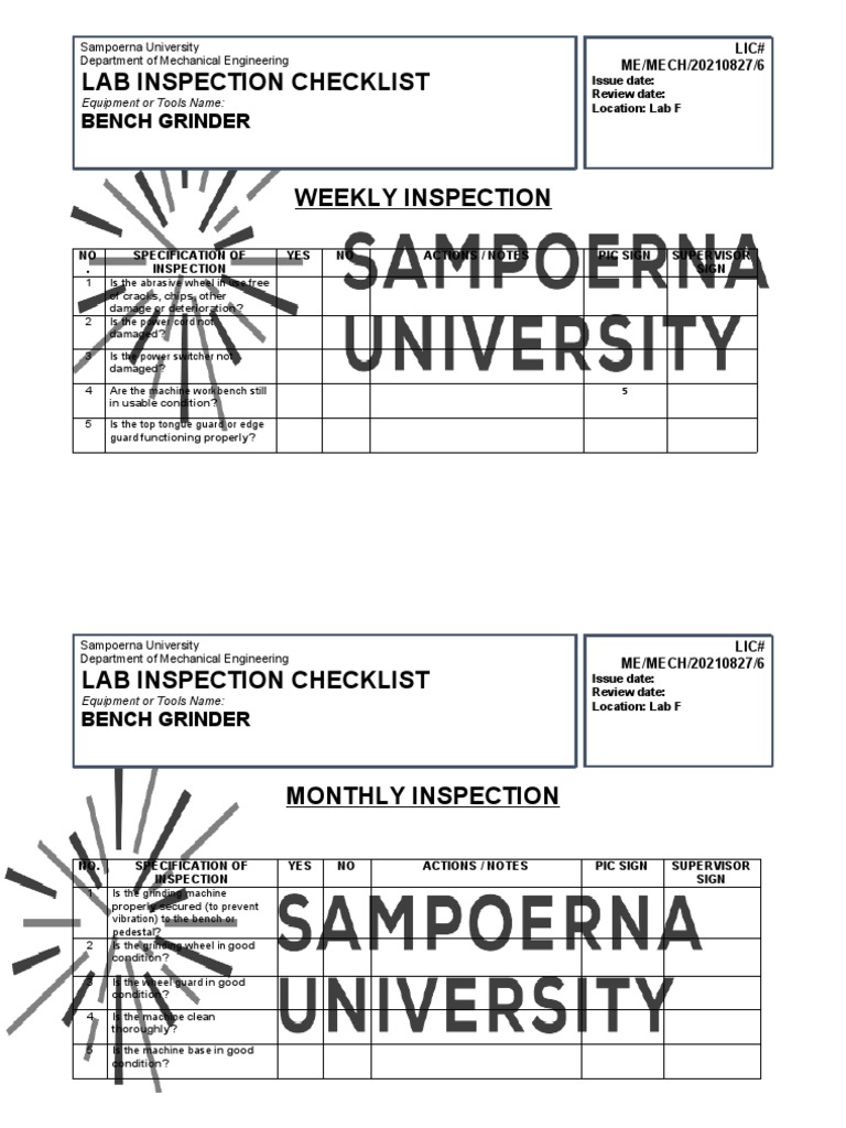 BENCH GRINDER Lab Inspection Checklist PDF