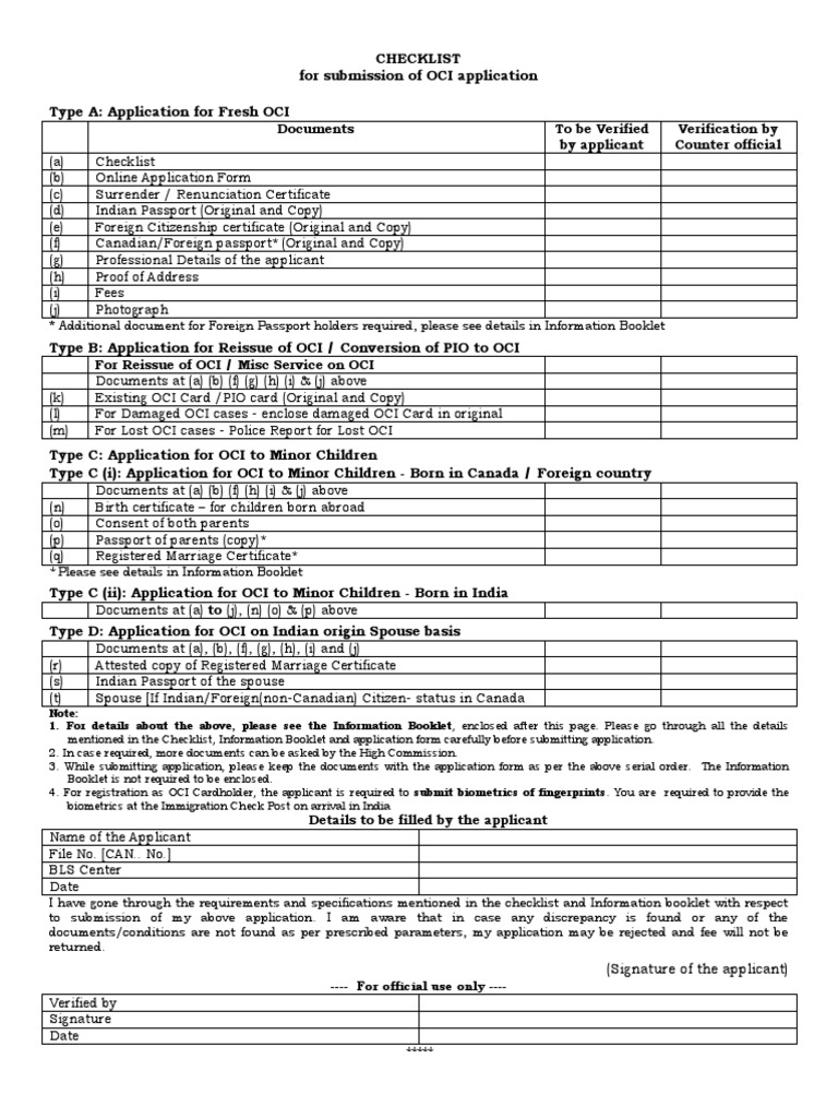 Checklist and Information Booklet For OCI | Download Free PDF ...