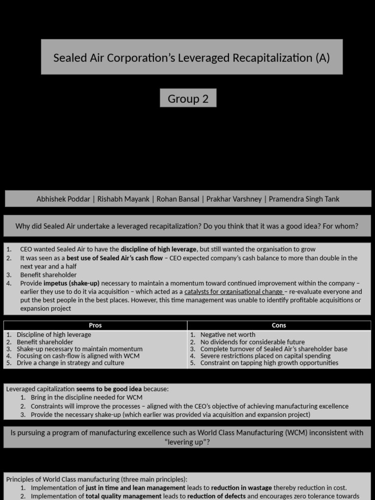 Sealed Air Corporation's Leveraged Recapitalization (A) PDF