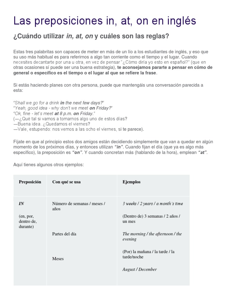Las reglas y excepciones del uso de las preposiciones in, at y on en ...