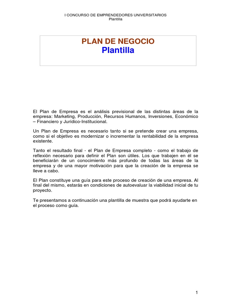 Plantilla para Plan de Negocio Emprendedor | PDF | Marketing | Gestión ...