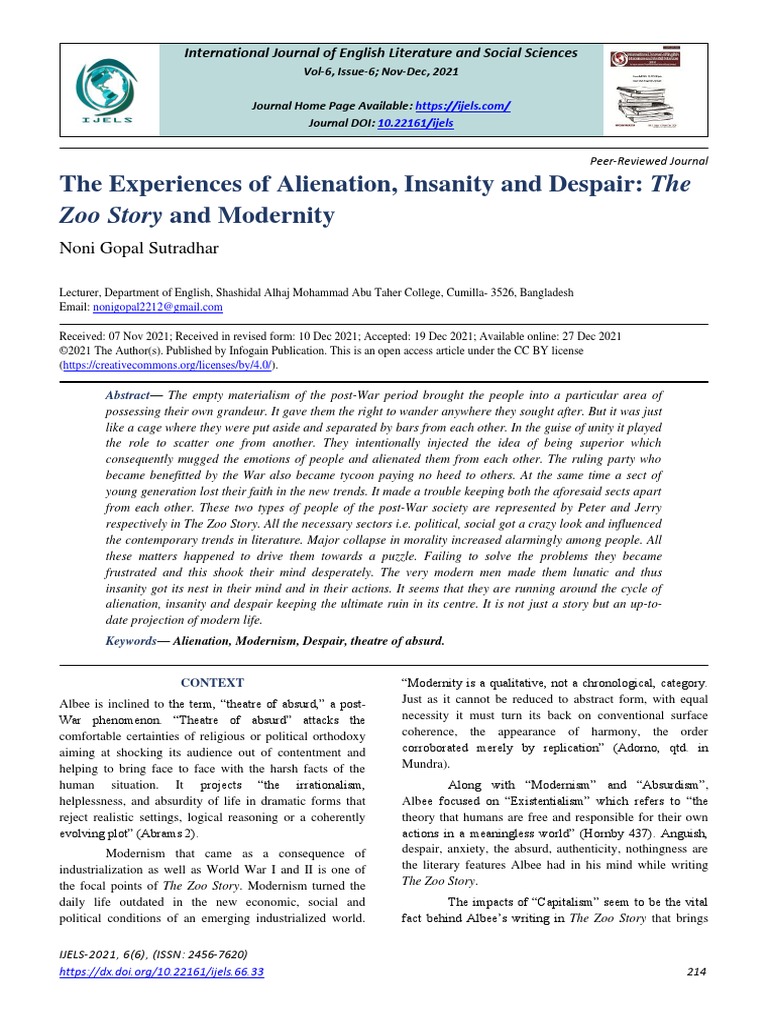 The Experiences of Alienation, Insanity and Despair: The Zoo Story and ...