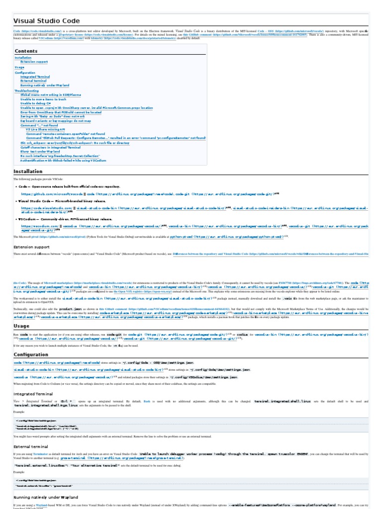 Visual Studio Code - ArchWiki | PDF | Microsoft Visual Studio | Software