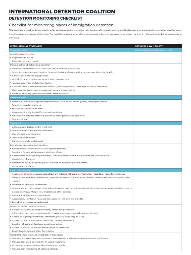 Immigration Detention Monitoring Checklist | PDF | Immigration ...