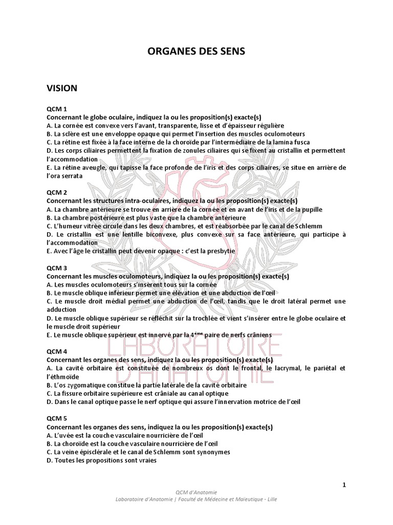 QCM Anatomie des Organes de Sens | PDF | Oreille | Système vestibulaire