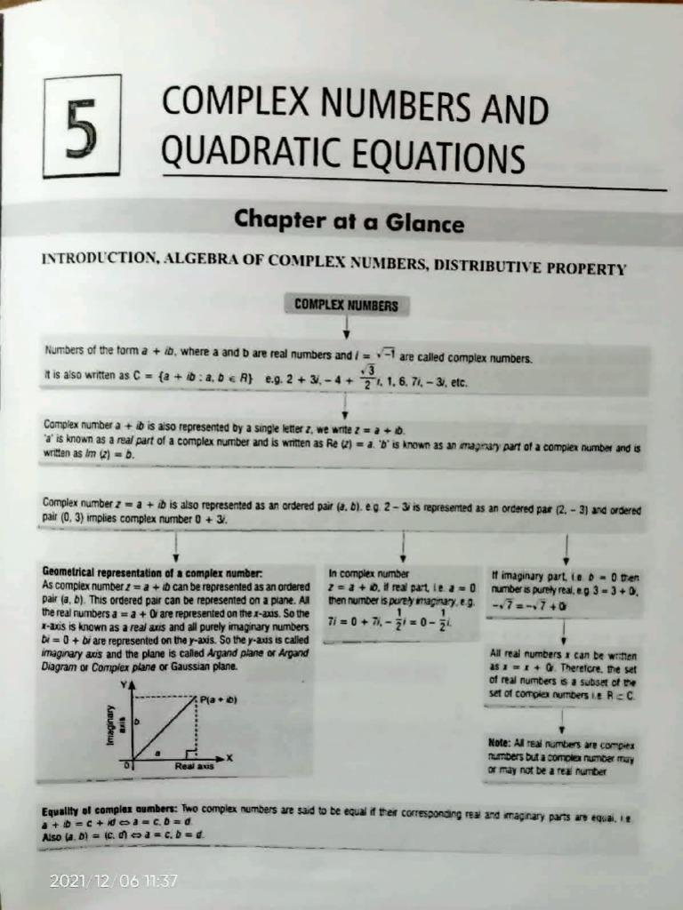 Complex Numbers and Quadratic Equations: Chapter at A Glance | PDF ...