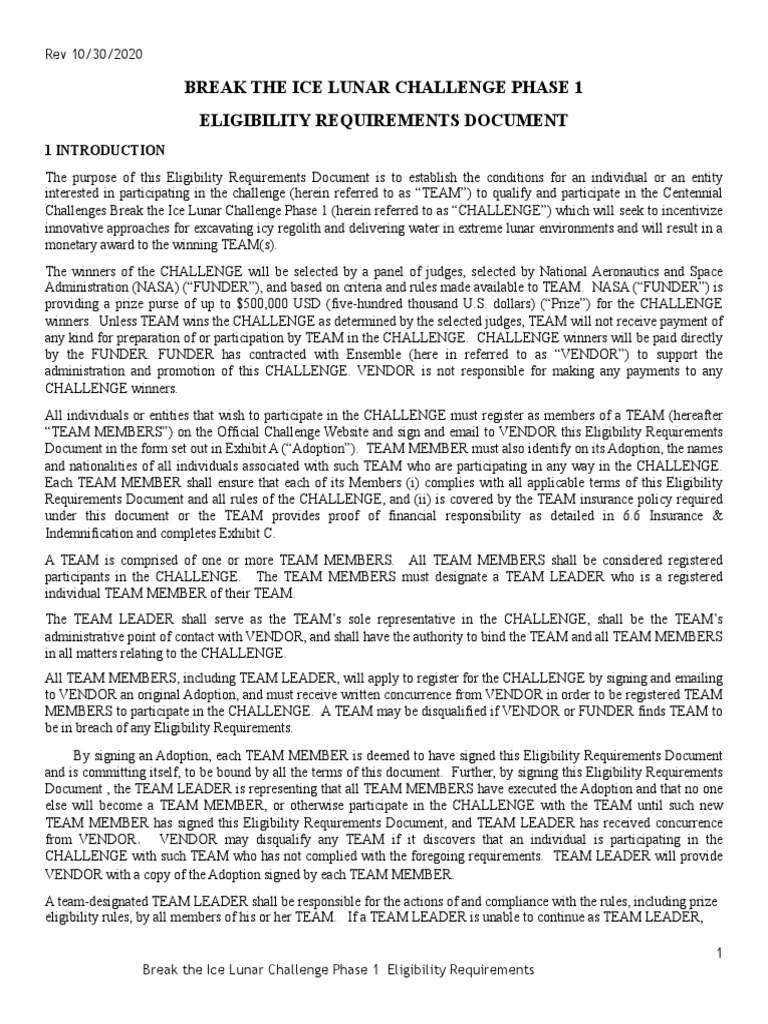 Break The Ice Lunar Challenge Phase 1 Eligibility Requirements Document