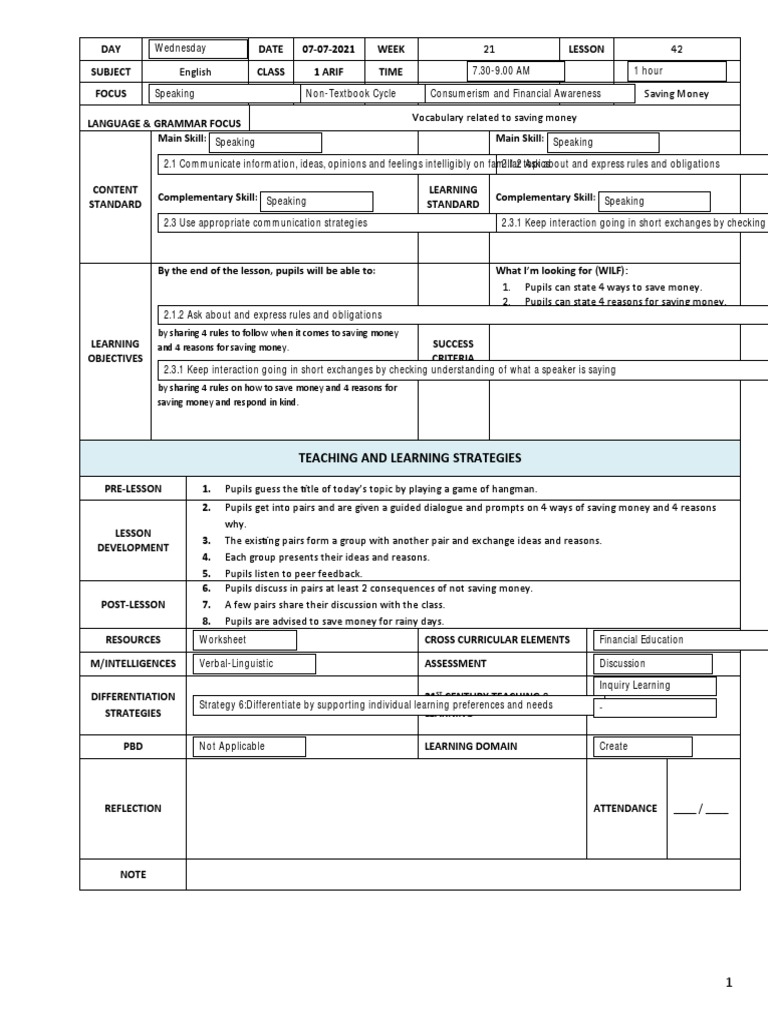 Saving Money: Lesson for Form 1 | PDF | Learning | Reason