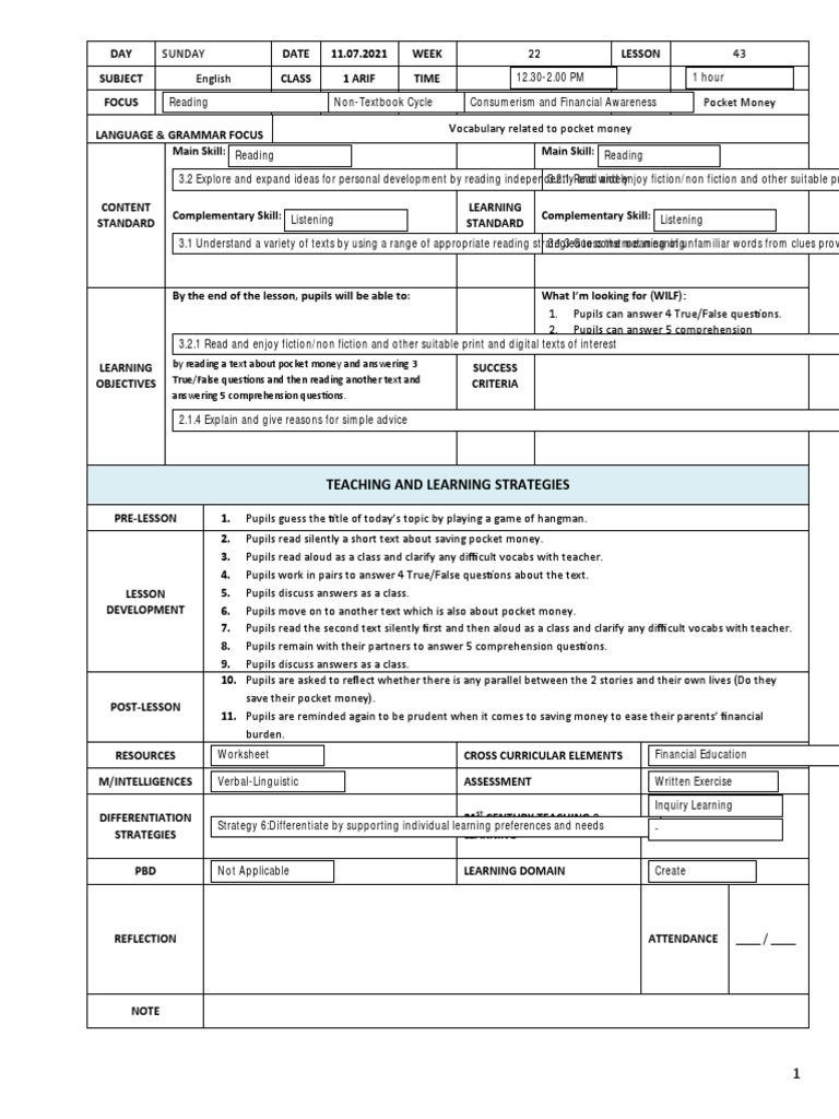 Pocket Money Reading Lesson Plan | PDF | Reading Comprehension ...
