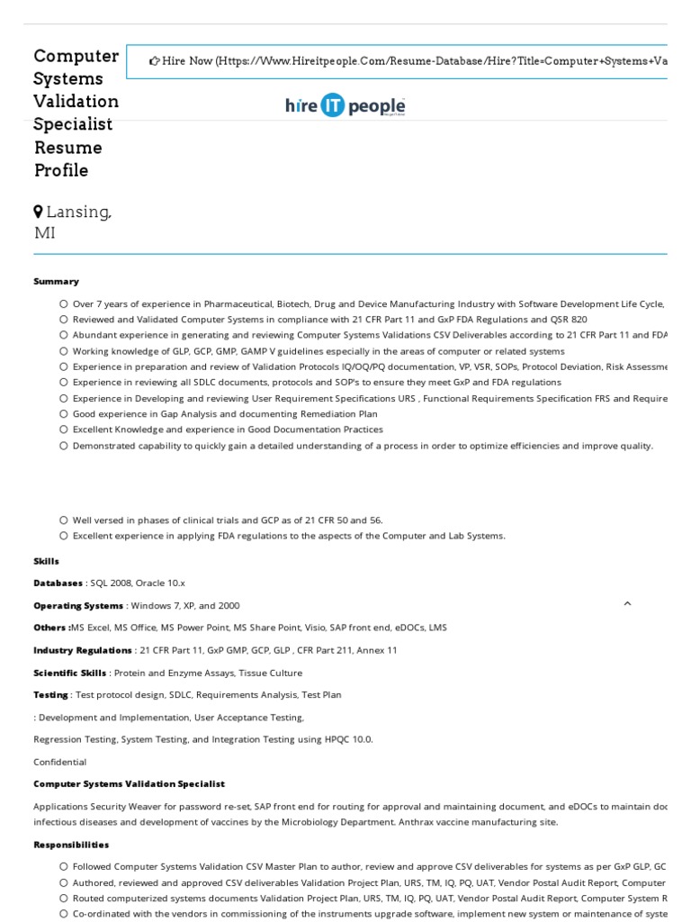 Computer Systems Validation Specialist Resume Profile, Lansing, MI