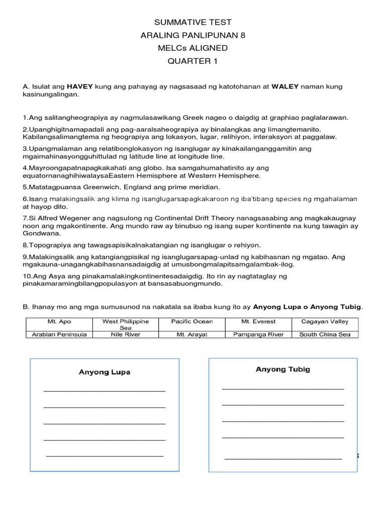Quarter 1 - Summative Test - Grade 8 - Aral Pan | PDF