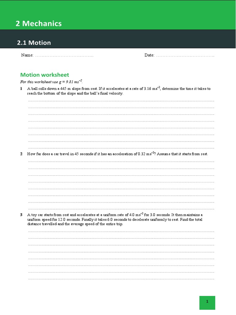 Motion Worksheet for Physics Students | PDF | Acceleration | Speed