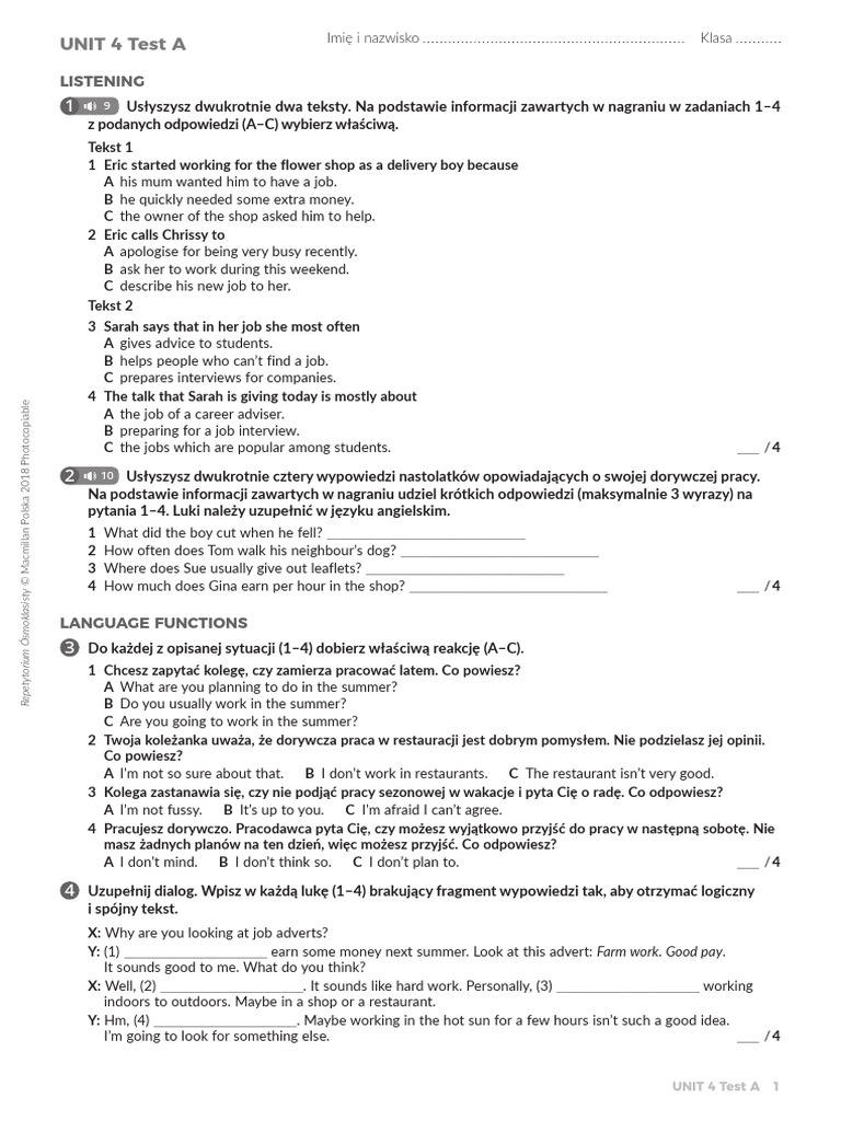 Macmillan Repetytorium Test Unit 1