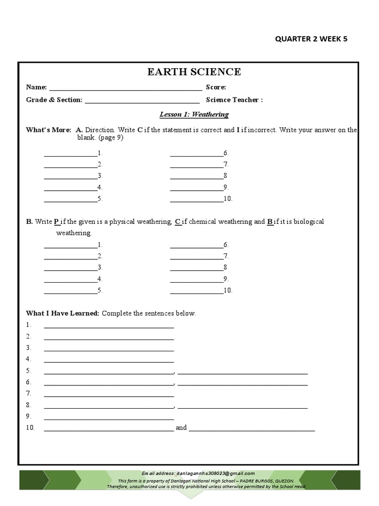 Activity Sheets Earth Science (Q2W5-W6) | PDF | Cognition | Communication