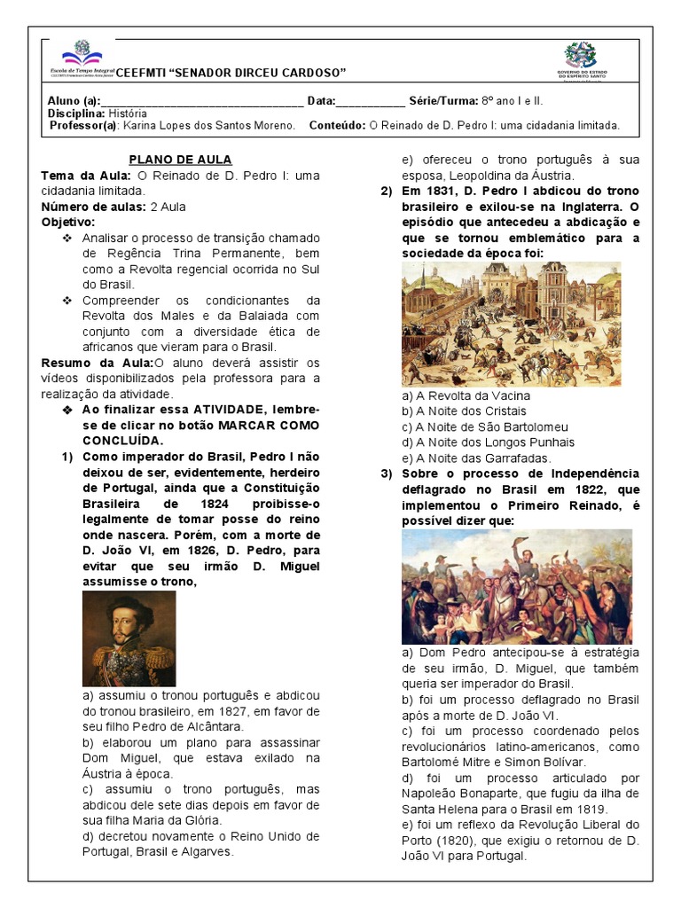 Atividade de História-8º Ano | Download grátis PDF | Brasil