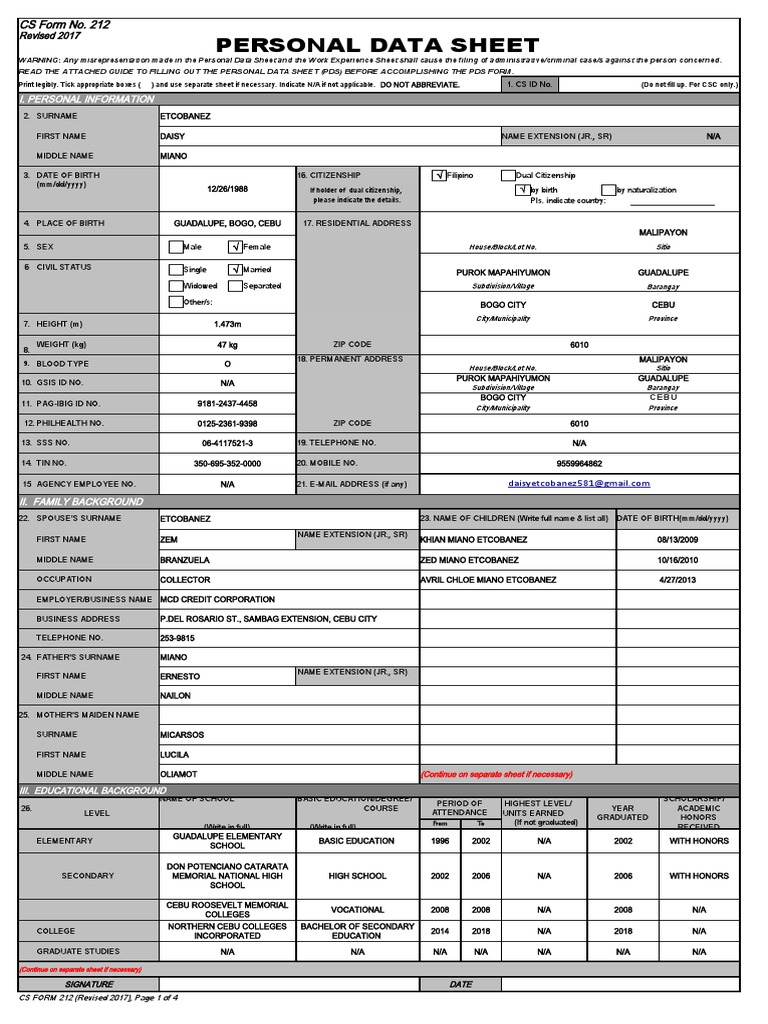CS Form 212 Revised Personal Data Sheet New PDF Educational, 57 OFF