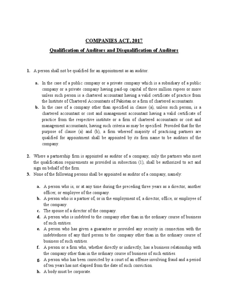Companies Act, 2017 Qualification of Auditors and Disqualification of