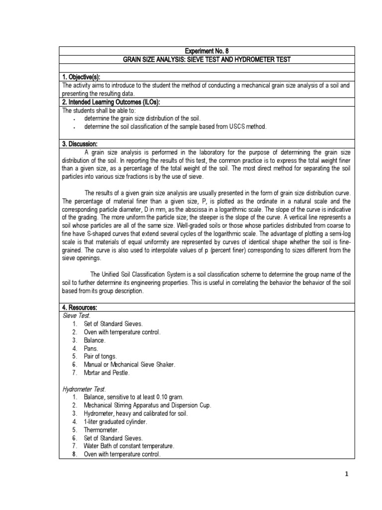 Laboratory Report 2.1 Grain Size Analysis Sieve Test and Hydrometer