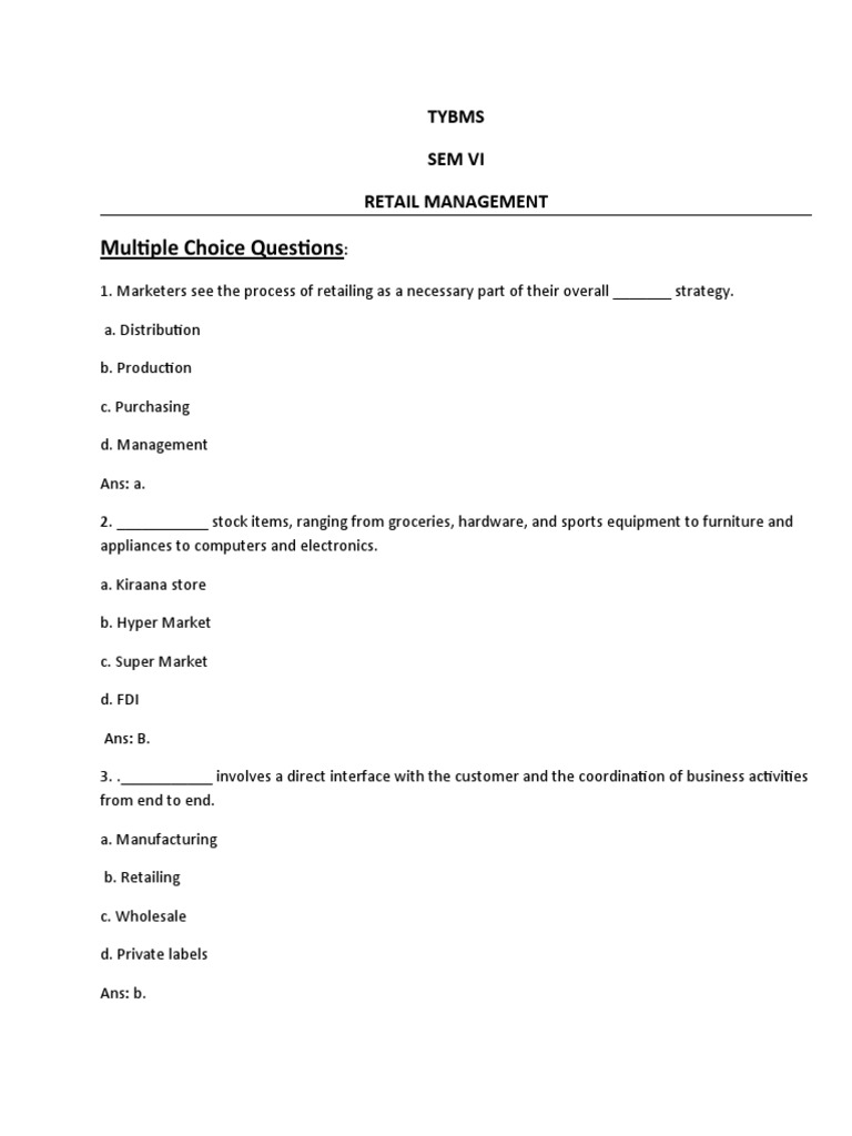 Multiple Choice Questions: Tybms Sem Vi Retail Management | PDF ...