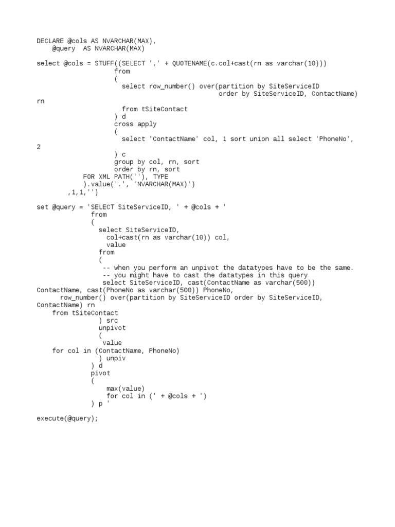 Dynamic SQL for Contact Data Pivoting | PDF