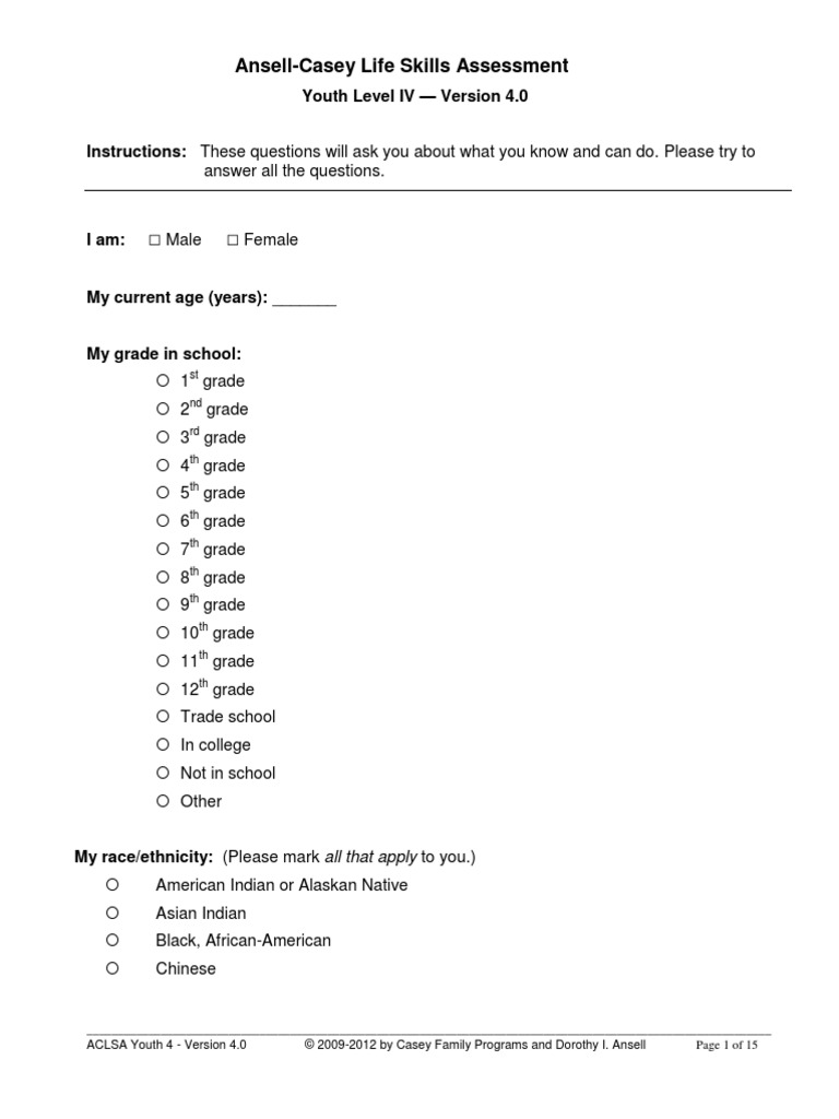 AnsellCasey Life Skills Assessment Youth Level IV Version 4.0 PDF Race And Ethnicity In