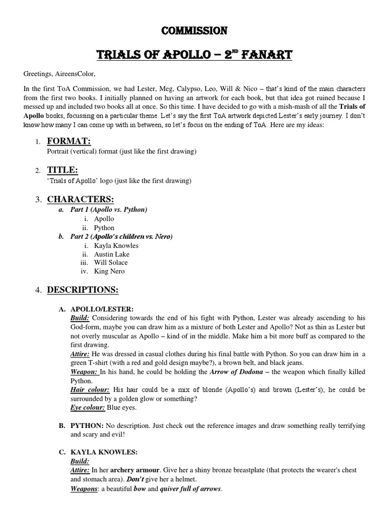 Trials of Apollo - 2 Fanart: Commission | PDF | Human Appearance