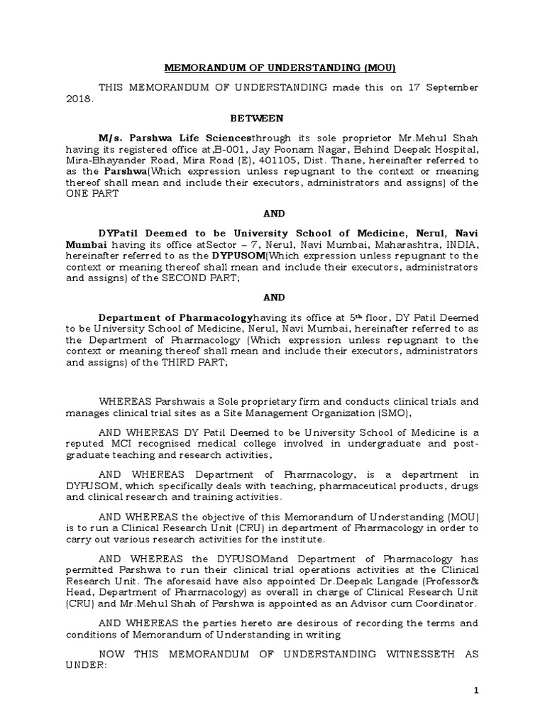 MOU for Clinical Research Unit Setup | PDF | Indemnity | Clinical Trial