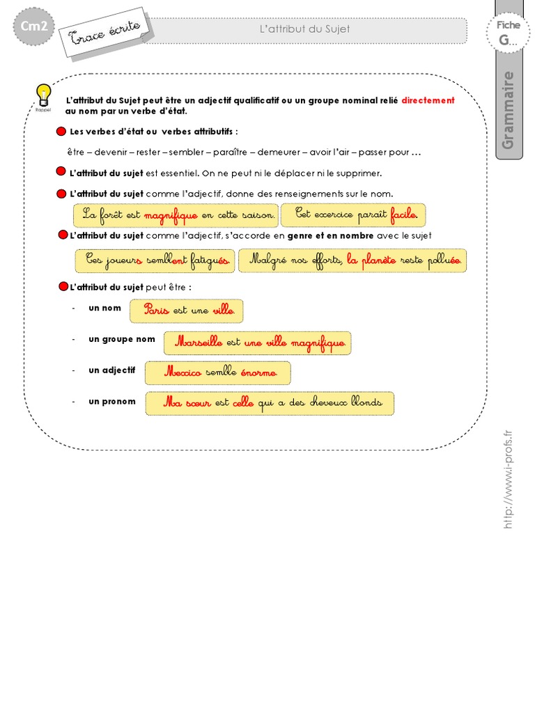 Exercice Sur L attribut Du Sujet Cm2 cm2 Trace Ecrite Attribut | PDF