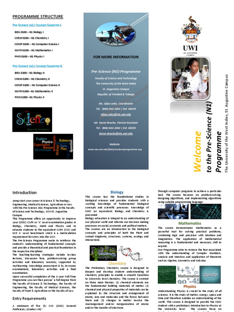 UWI Pre-Science (N1) Programme Overview | PDF | Mathematics | Physics