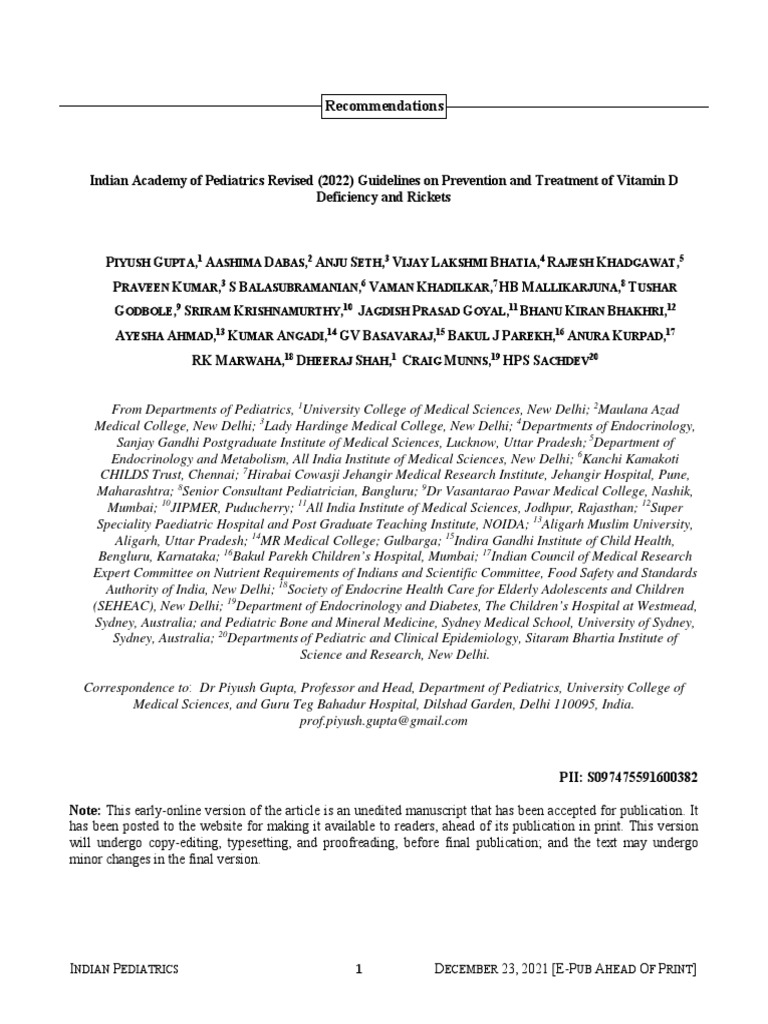 Revised Guidelines on Prevention and Treatment of Vitamin D Deficiency