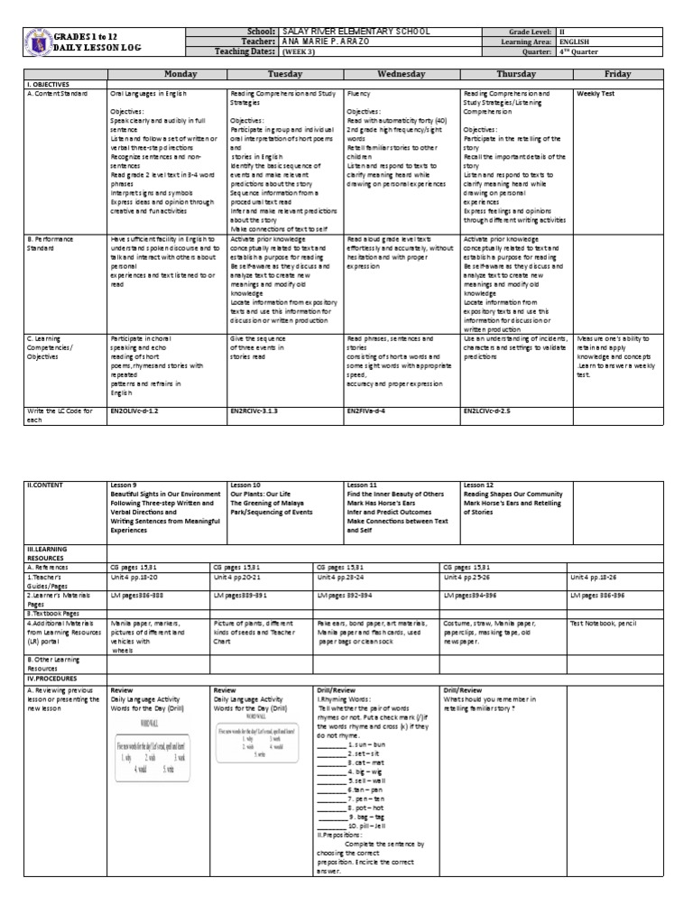 Grade 2 DLL Week 3 Quarter 4 Plan | PDF | Reading Comprehension ...