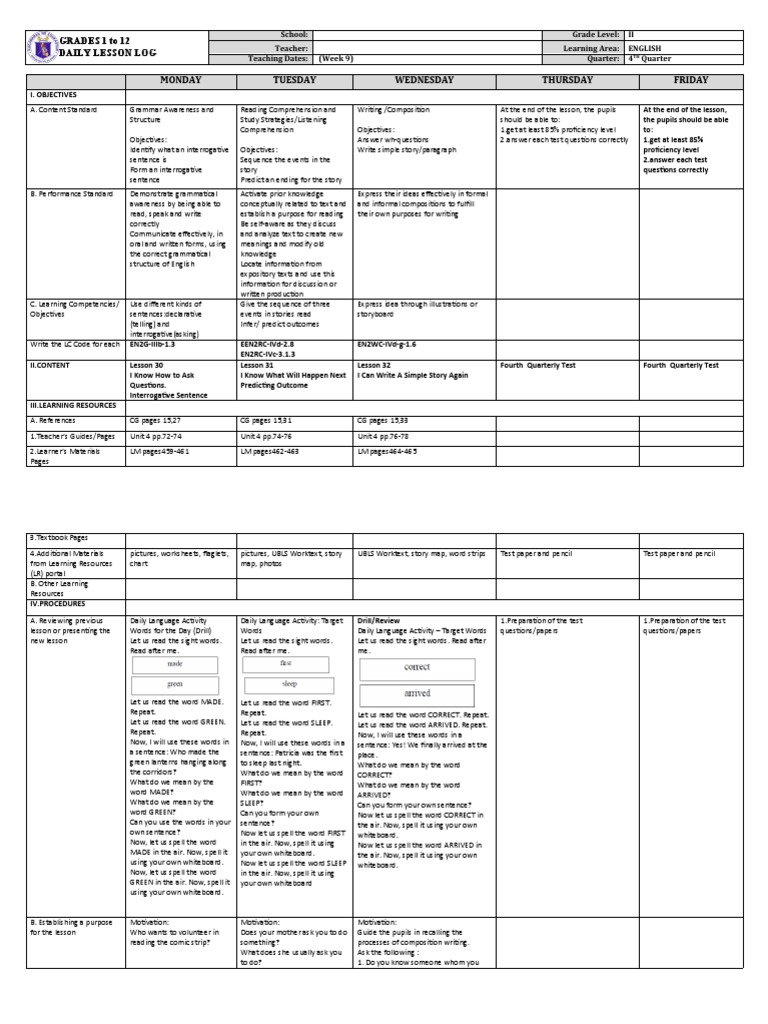 Grade 2 English Lesson Plan: Week 9 | PDF | Reading Comprehension ...