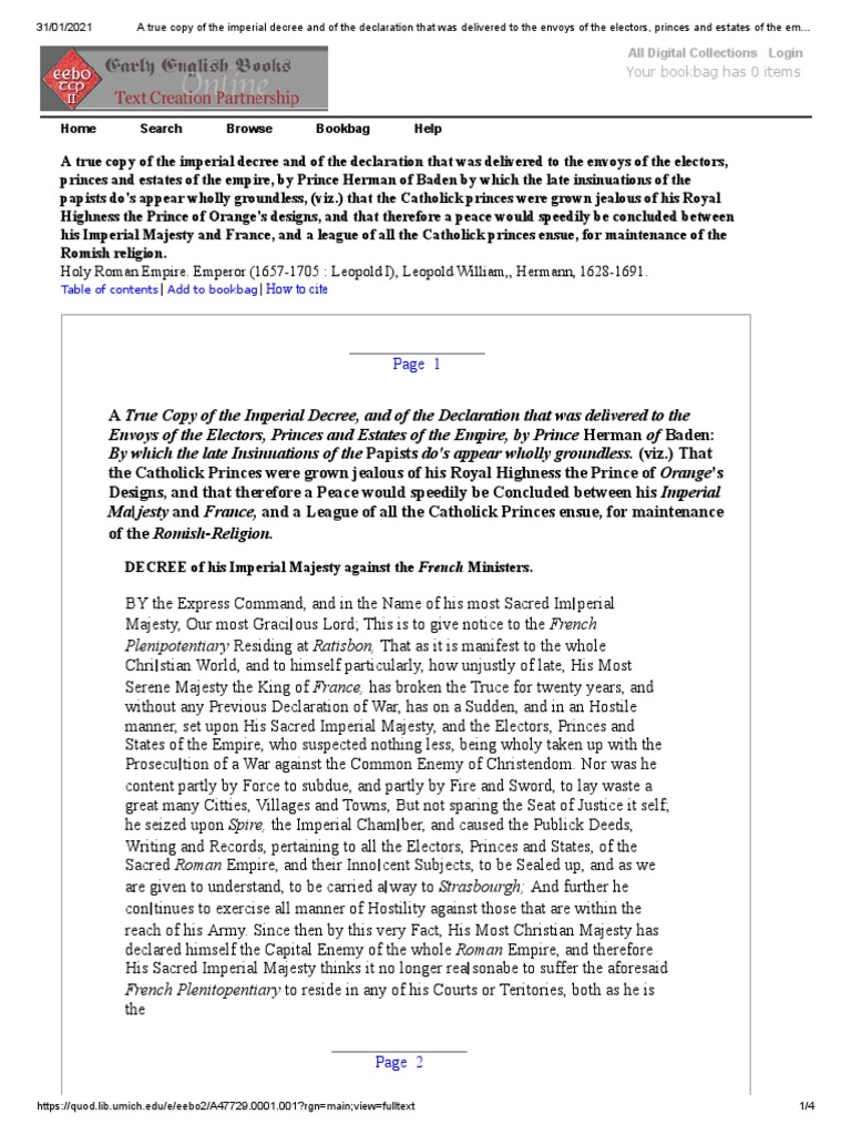 Imperial Decree by Leopold I, 1688 | PDF | Holy Roman Empire | Monarchy
