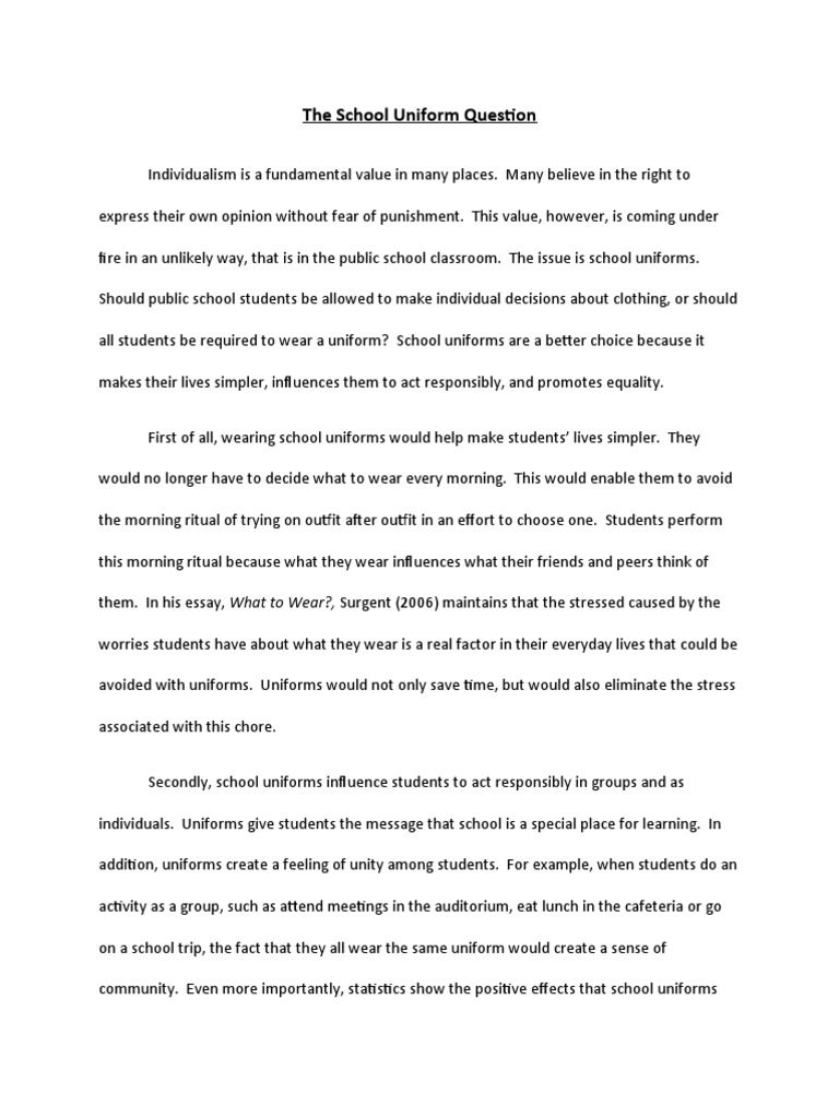 Basic Essay Sample The School Uniform Question PDF Psychology