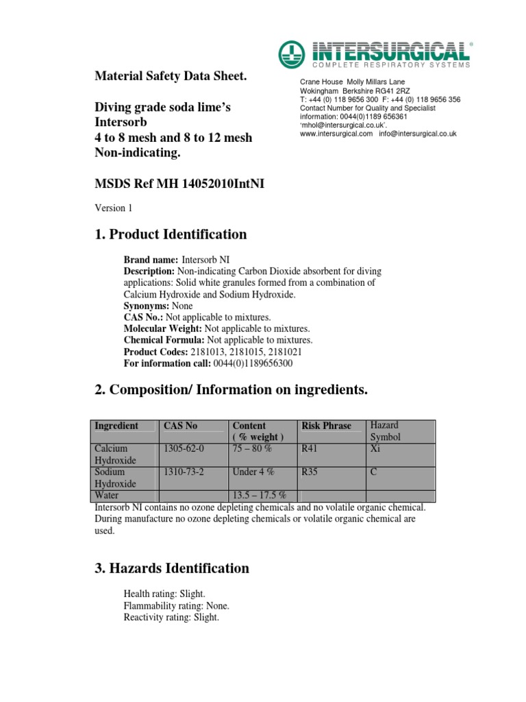 Intersorb NI: Diving CO2 Absorbent MSDS | PDF | Sodium Hydroxide | Toxicity
