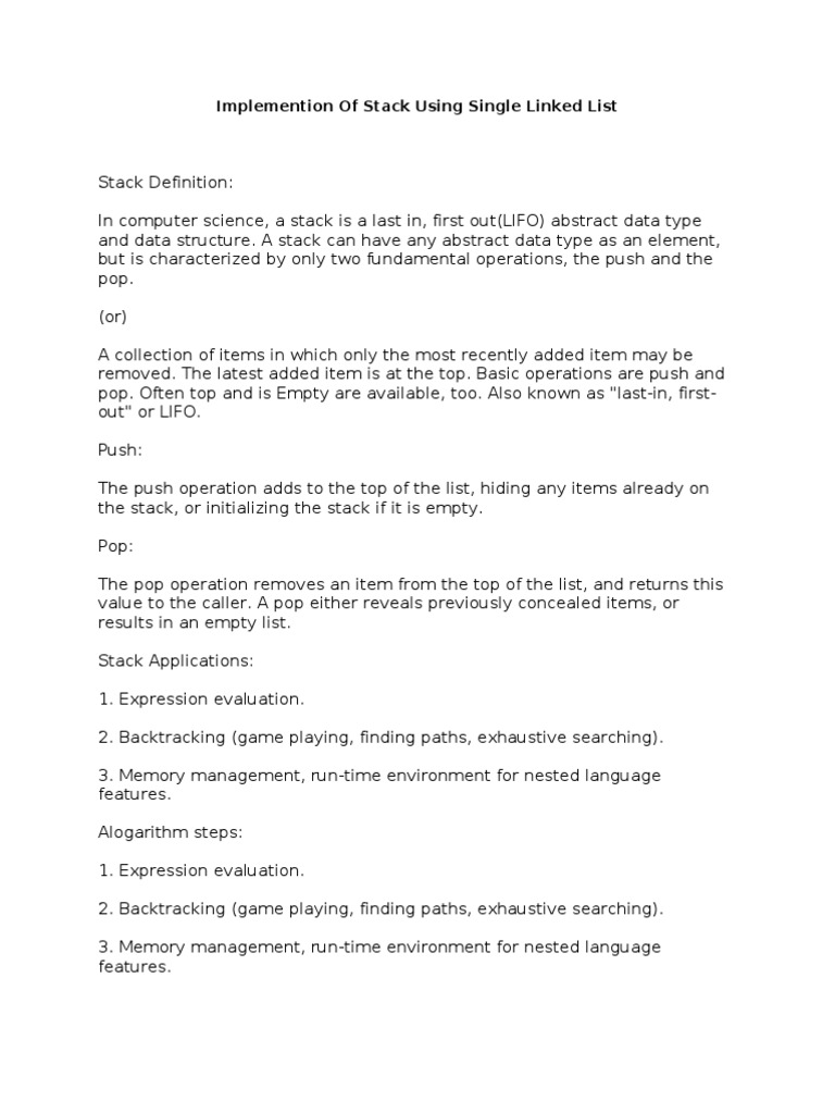 Implement Ion of Stack Using Single Linked List | PDF | Algorithms And ...