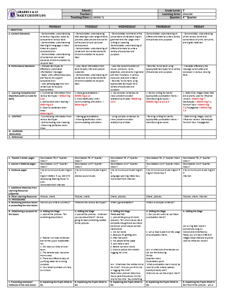 Grade 5 DLL: English Week 7 Q4 | PDF | Sentence (Linguistics) | English ...