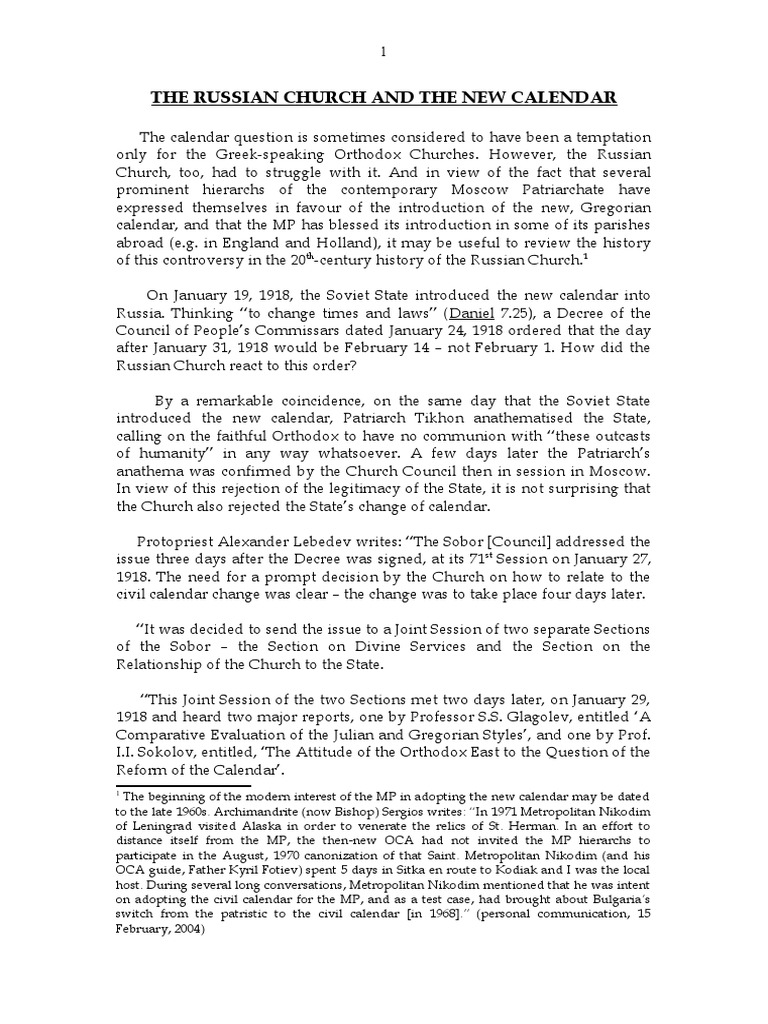 The Russian Church and The New Calendar PDF Russian Orthodox