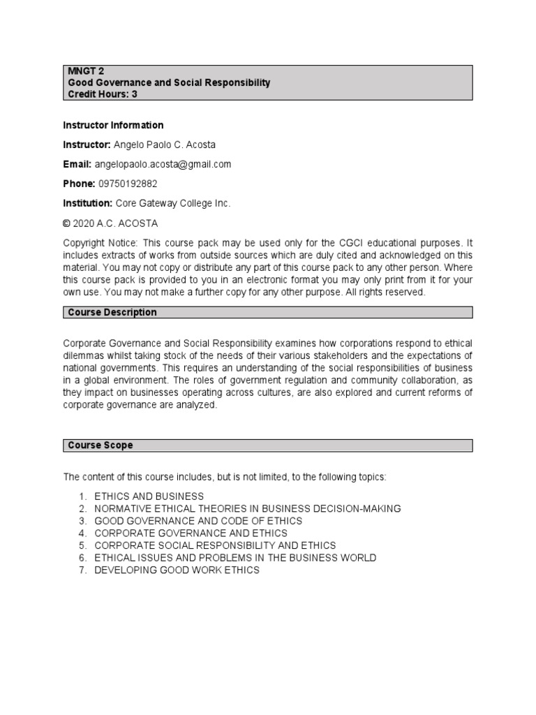Good Governance and Social Responsibility Module | PDF | Multinational ...