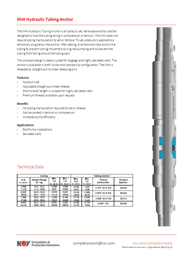 NHA Hydraulic Tubing Anchor Data Sheet PDF Pipe (Fluid Conveyance