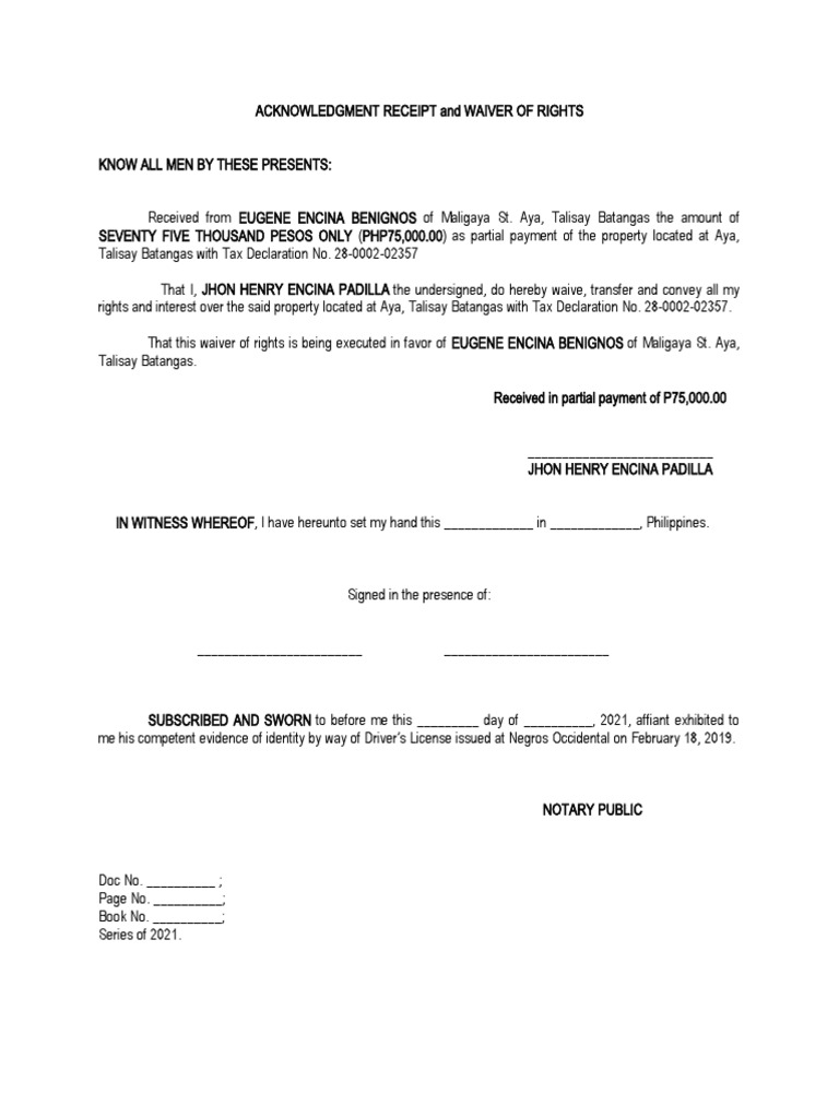 Acknowledgment Receipt And Waiver Of Rights Pdf