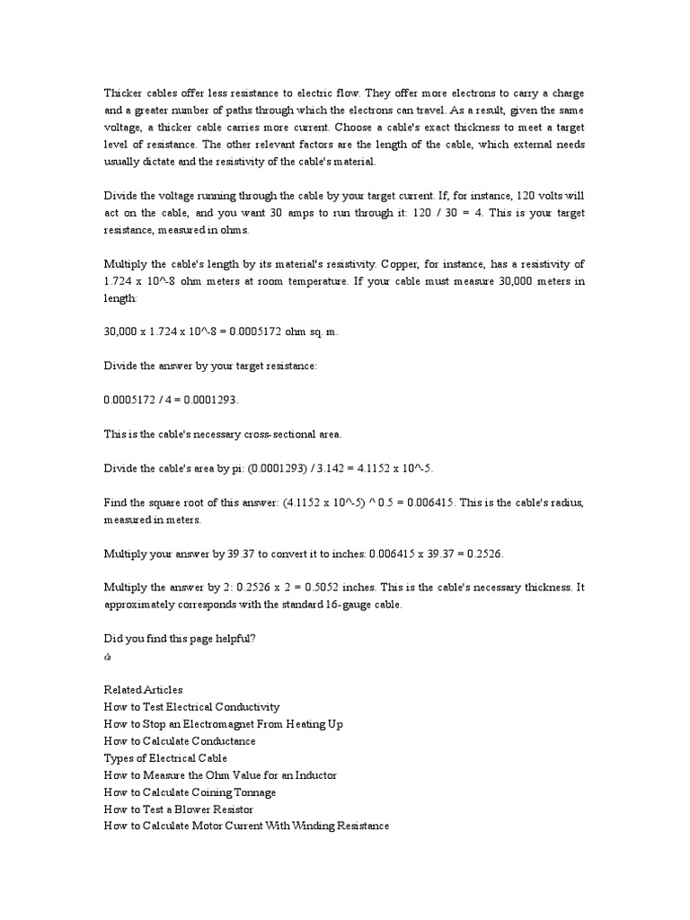 Calculate Cable Thickness for Resistance | PDF | Electrical Resistance ...