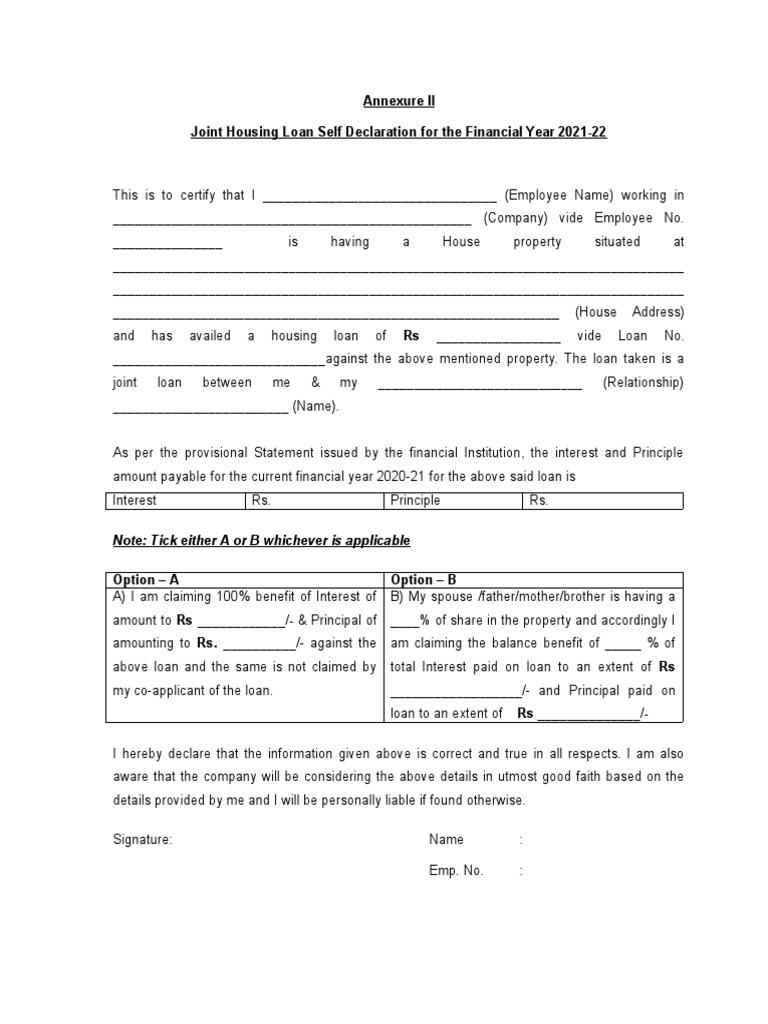 Annexure II-Joint Housing Loan Declaration | PDF | Loans | Private Law