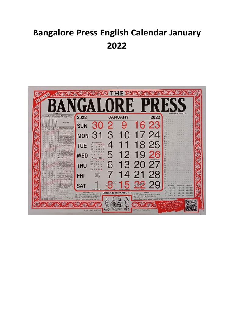 Bangalore Press Calendar 2022 English PDF PDF