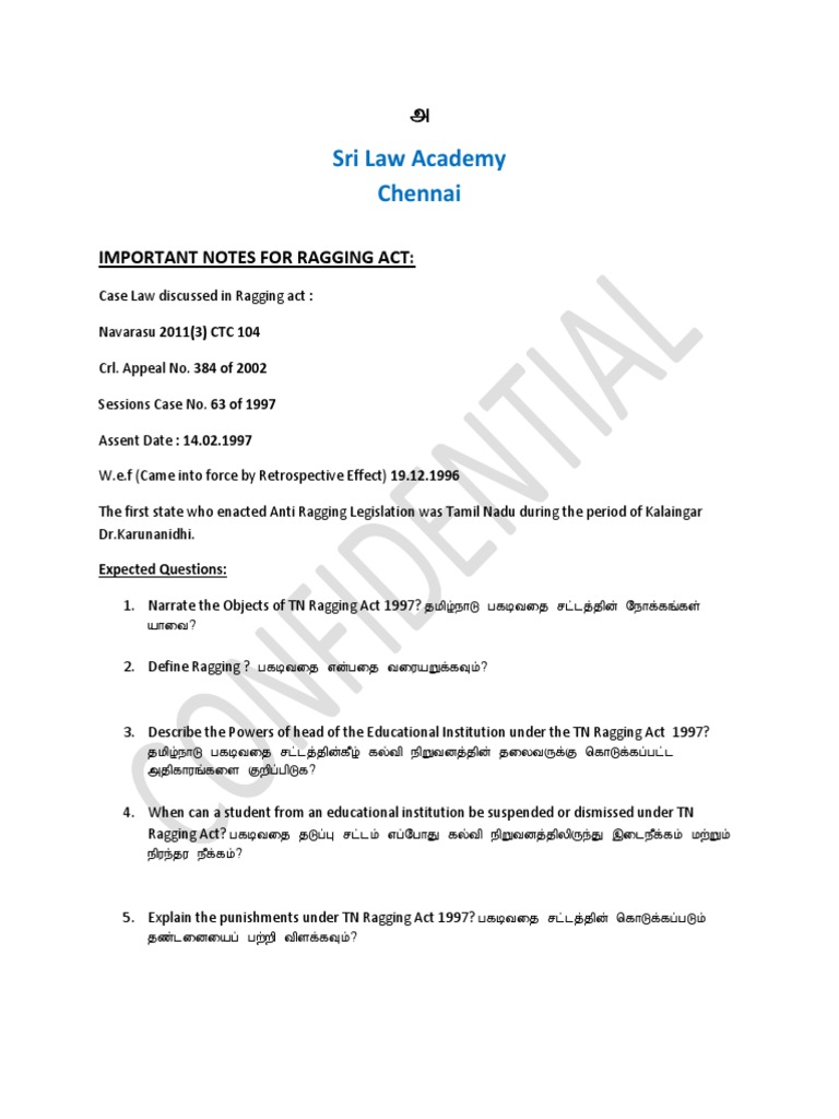Sri Law Academy Chennai: Important Notes For Ragging Act | PDF | Law