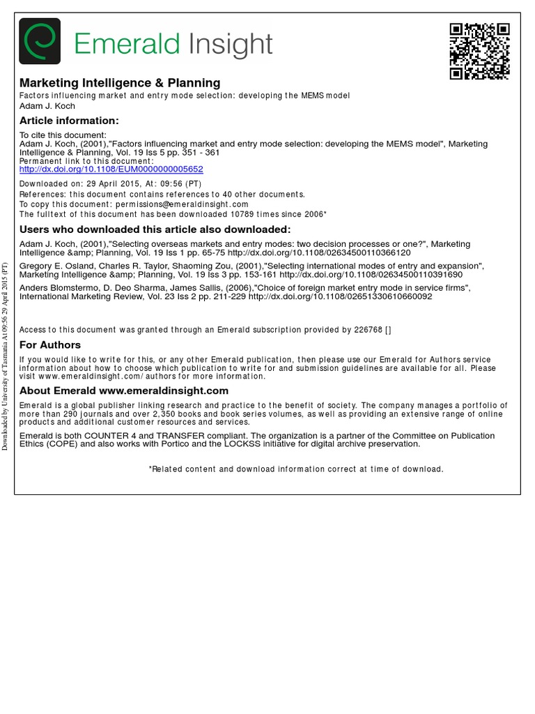 MEMS Model for Market Entry Selection | PDF | Market (Economics) | Risk